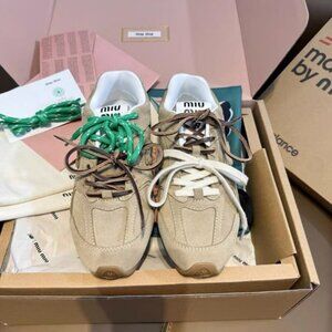 Miu Miu Beige Sneakers with Green and White Laces